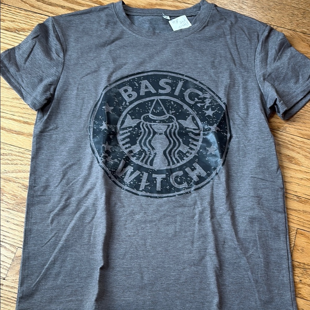 Gray Graphic Tee with Witch Design